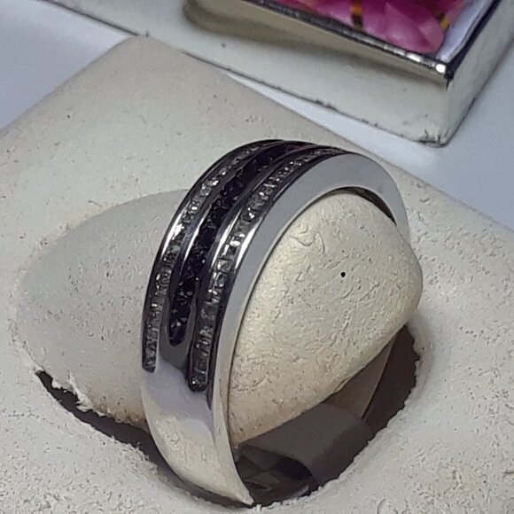 .42ctw Black &White Diamond Gents 3Row Channel Sterling Silver S-10.5 Band#19947 - Picture 3 of 5